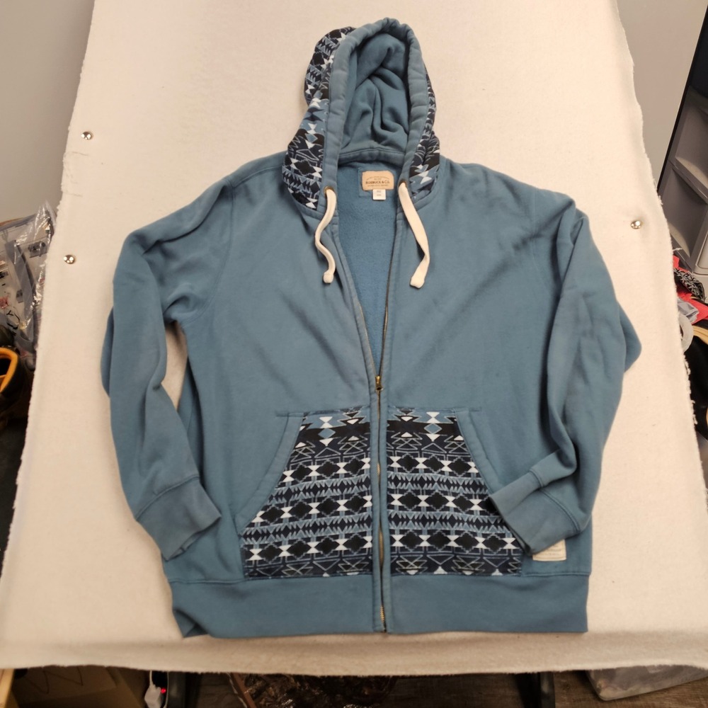 Roebuck & Co Mens XL Blue Full Zip Tribal Pattern Hooded Sweatshirt Fleece